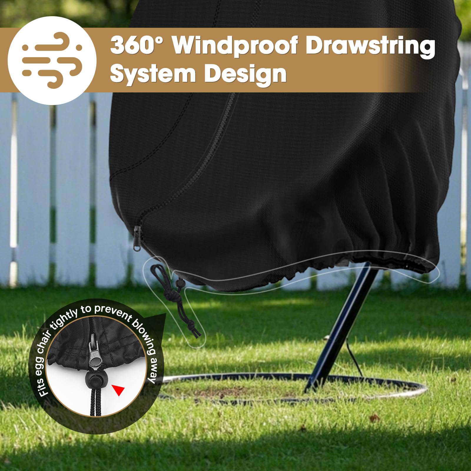 Egg Chair Covers 190x115cm, 420D Heavy Duty Single Hanging Egg Chair Cover with Drawstring Zipper - Image 2
