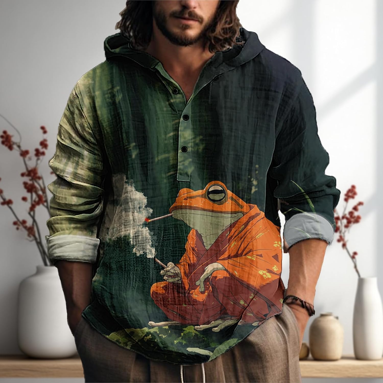 MARSVOVO Mens Japanese Art Long Sleeve Hooded Shirts Lightweight Quarter Button Hoodie Casual Cool Tops for Spring Fall