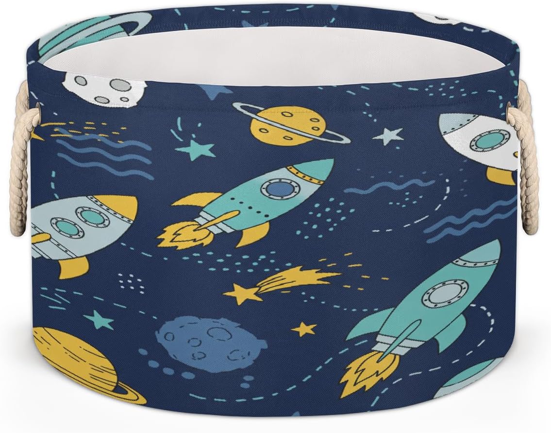 Large Storage Baskets - Rocket Planet Cosmos Nursery Round Collapsible Organizer Bin Box Laundry Hamper for Kids Toys, Blanket, Bedroom Living Room Home Decor, Gift Basket, 19.4"x13.3"