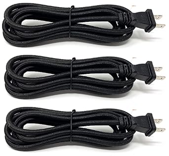 Follite Cloth Covered Round Lamp Wire with Plug 8 Feet Long?? (Black, 3 Pack)
