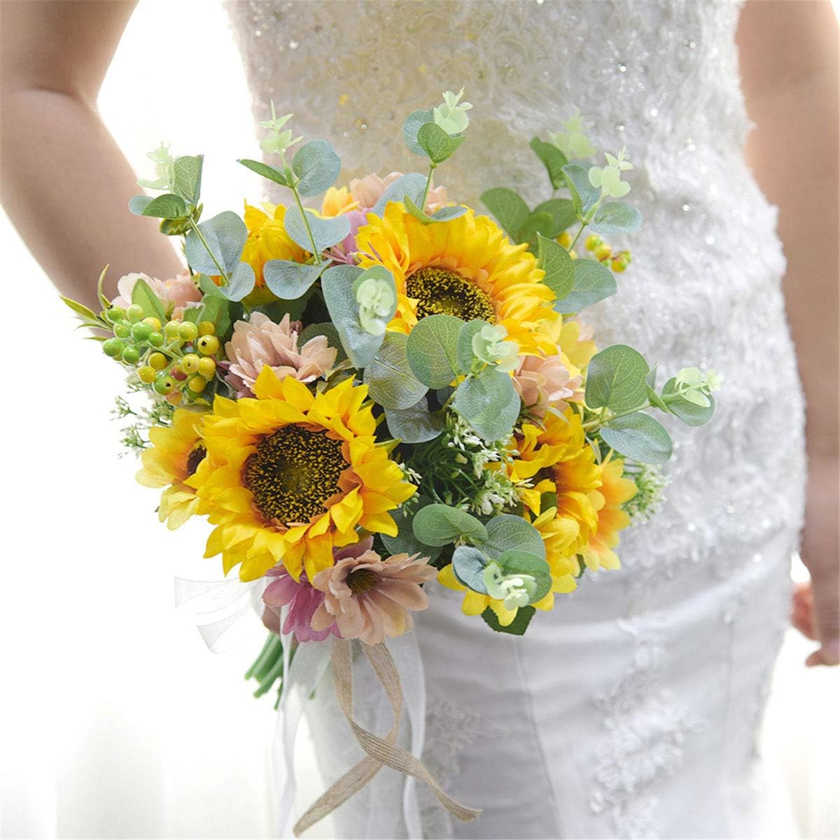 10.5" Bridal Holding Bouquet Real-Looking Sunflower Mixed with Small Flowers Hemp Ribbon Throw Bouquet for Wedding Brides Bridesmaid Wedding Hold Flower