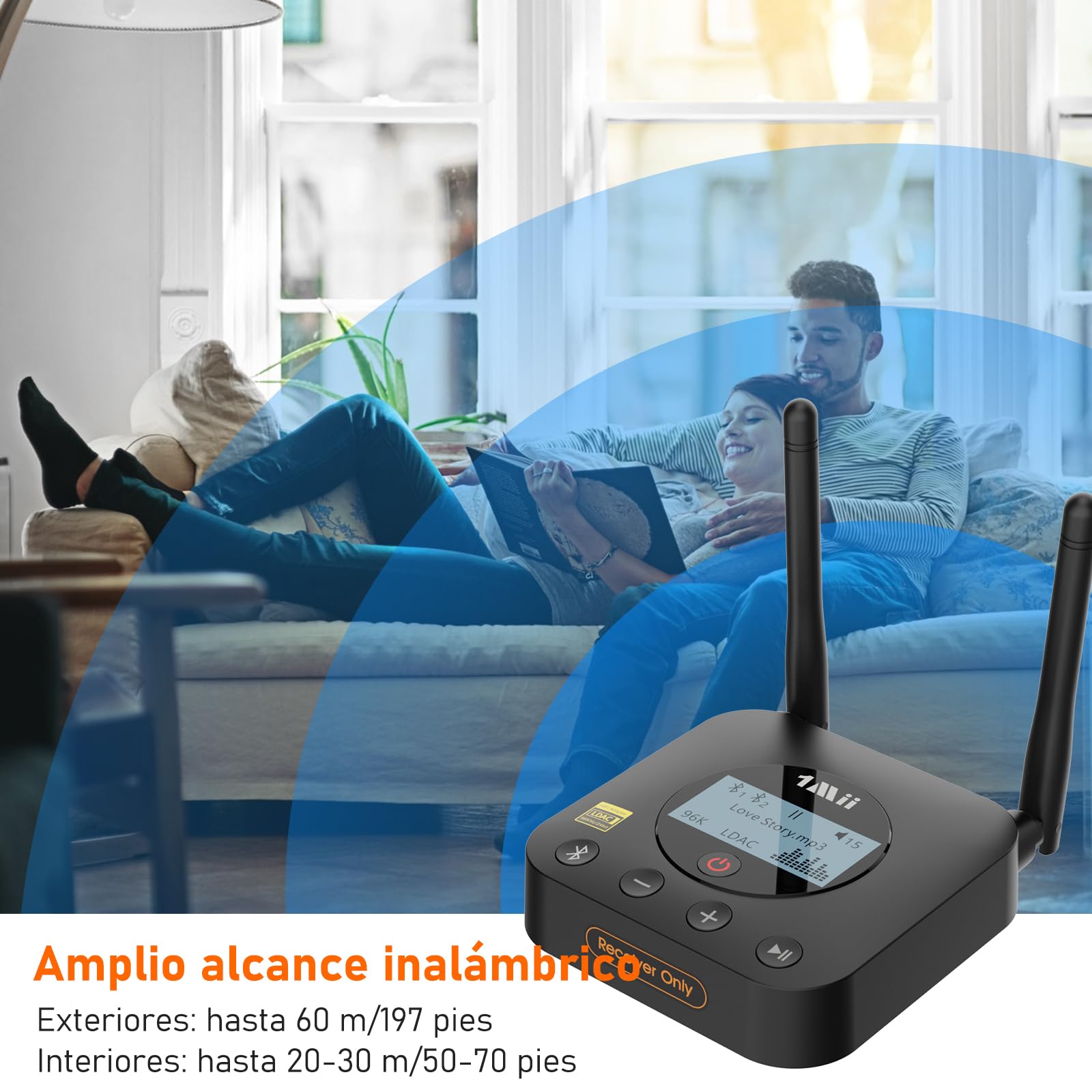 1Mii B06Pro+ Receptor Bluetooth 5.3 HiFi, Adaptador Audio Hi-Res LDAC, aptX Baja latencia/HD con Pantalla LCD, Salida Óptica AUX 3.5mm, Control Volumen, Largo Alcance 60m para Estéreo, Amplificador