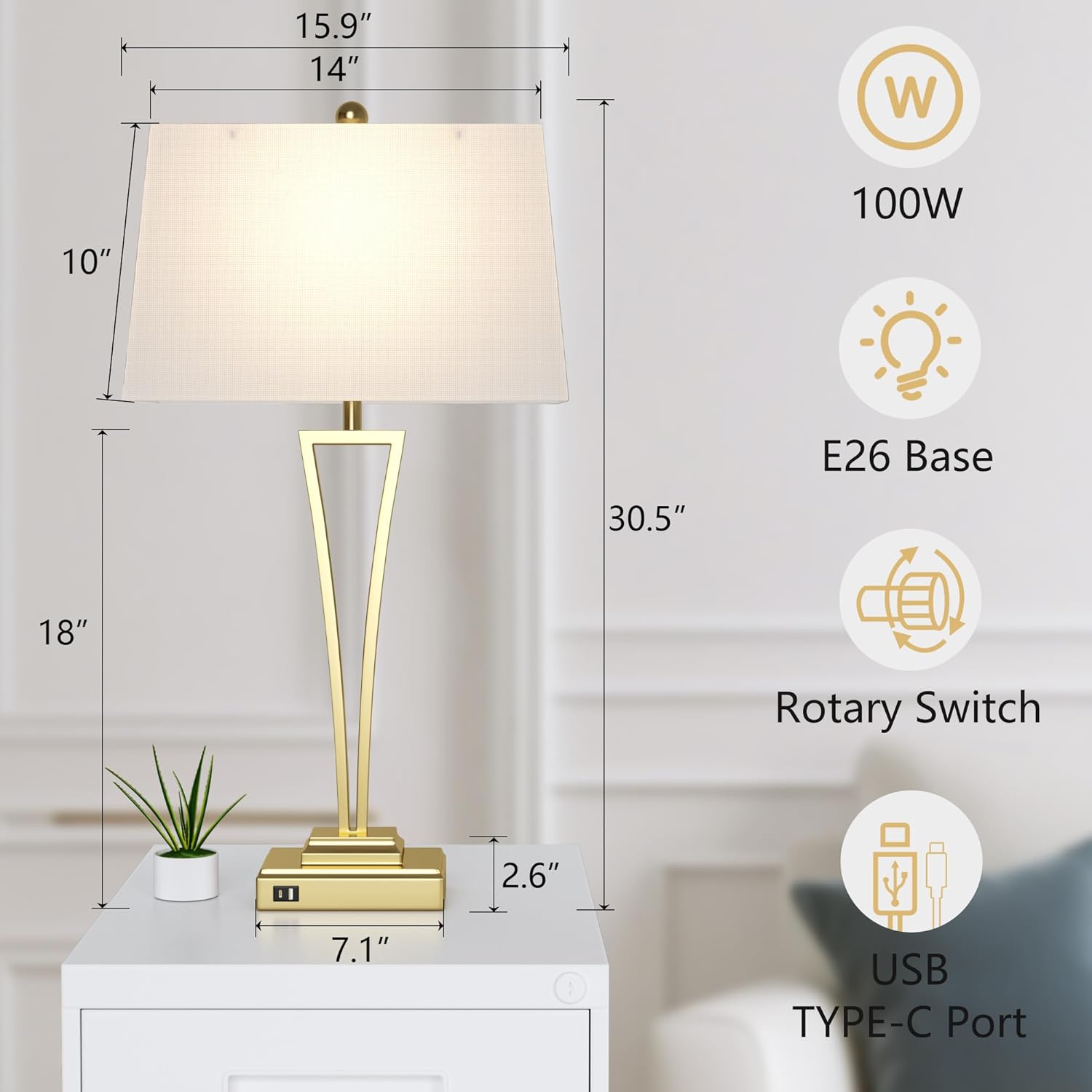 Maxax Gold Table Lamps Set of 2 for Living Room, 30.5" Tall Large Metal Bedside Lamps with USB A+C Ports, Modern Bedroom Lamps with White Rectangular Shade for Nightstand End Table
