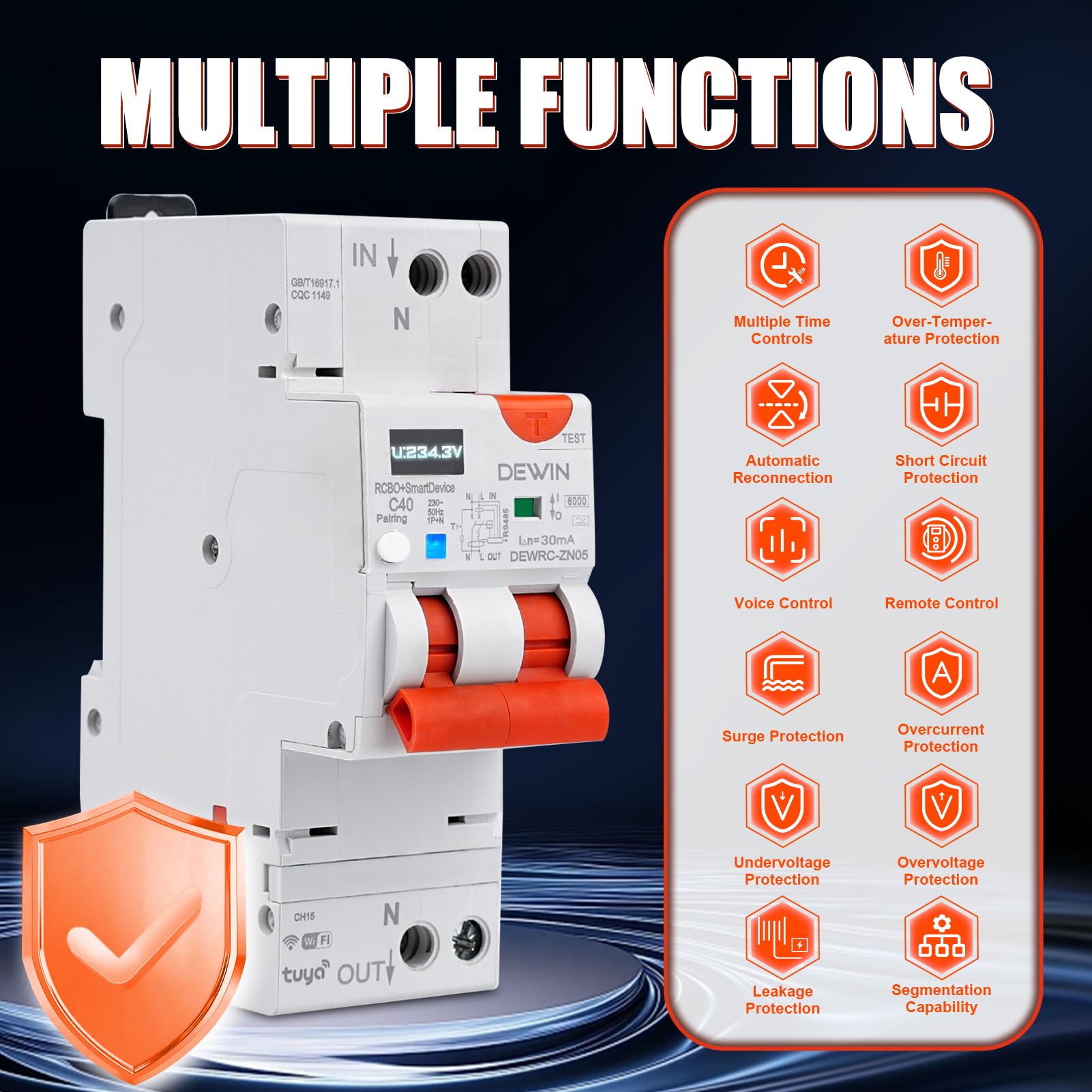 DEWIN Salvavita con Riarmo Automatico WiFi 1P+N 40A 30mA 230VAC Interruttore Differenziale a Riarmo Automatico Salvavita con riarmo Wi-Fi (Tipo A)