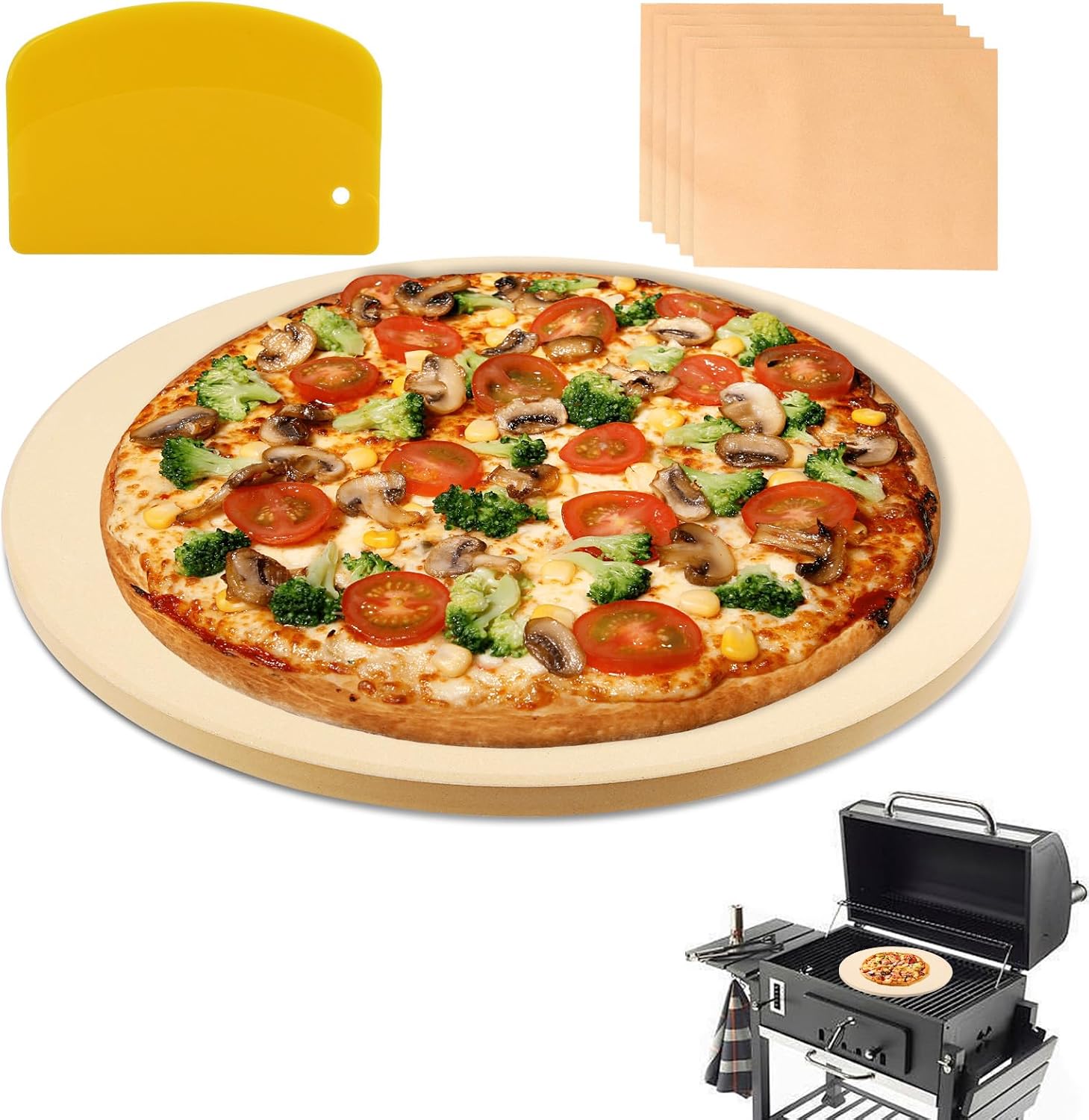 16 Inch Circle Pizza Stone for Oven and Grill,0.6" Thick Round Heavy Duty Cordierite Bread Baking Stone for Crisp Pizza Cookies (With Scraper)