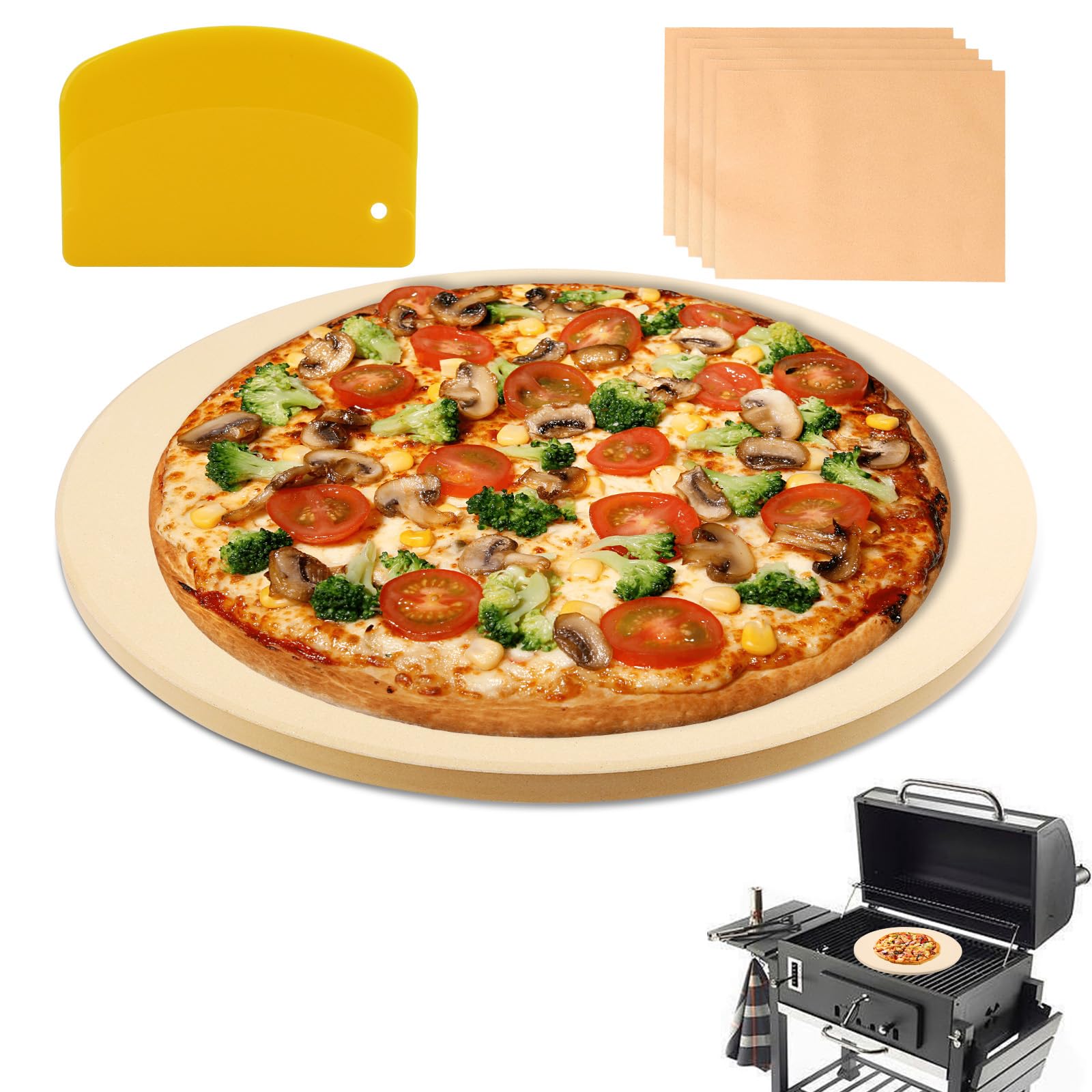 Pierre à pizza en cordiérite 40,6 cm de 1,5 cm d'épaisseur avec grattoir inclus pour four et barbecue