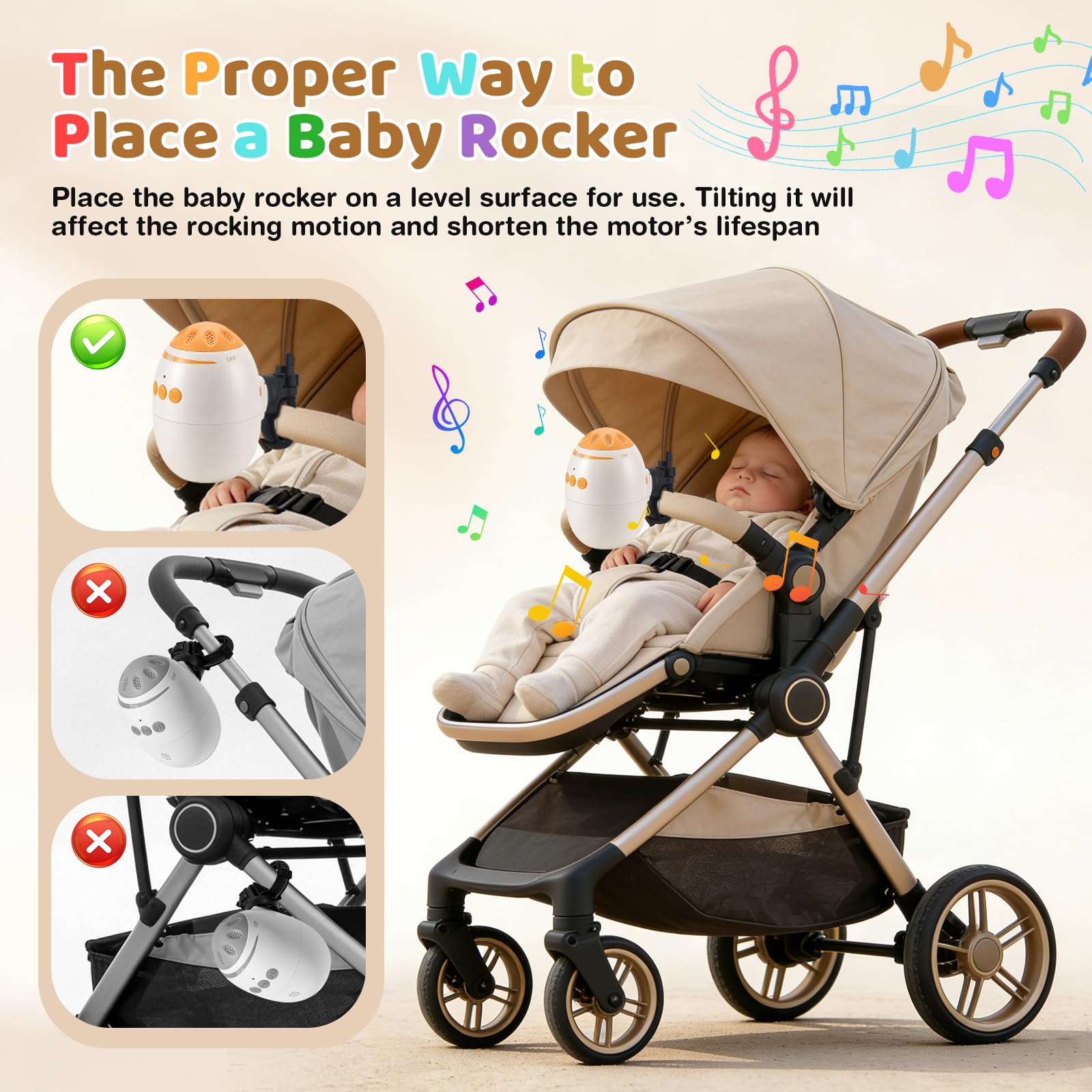Berceur bébé Rechargeable avec Minuterie 45 Min, Portable Aide au Sommeil de Bébé Berce pour Toute Poussette Cane nacelle Landau, Vitesse Réglable