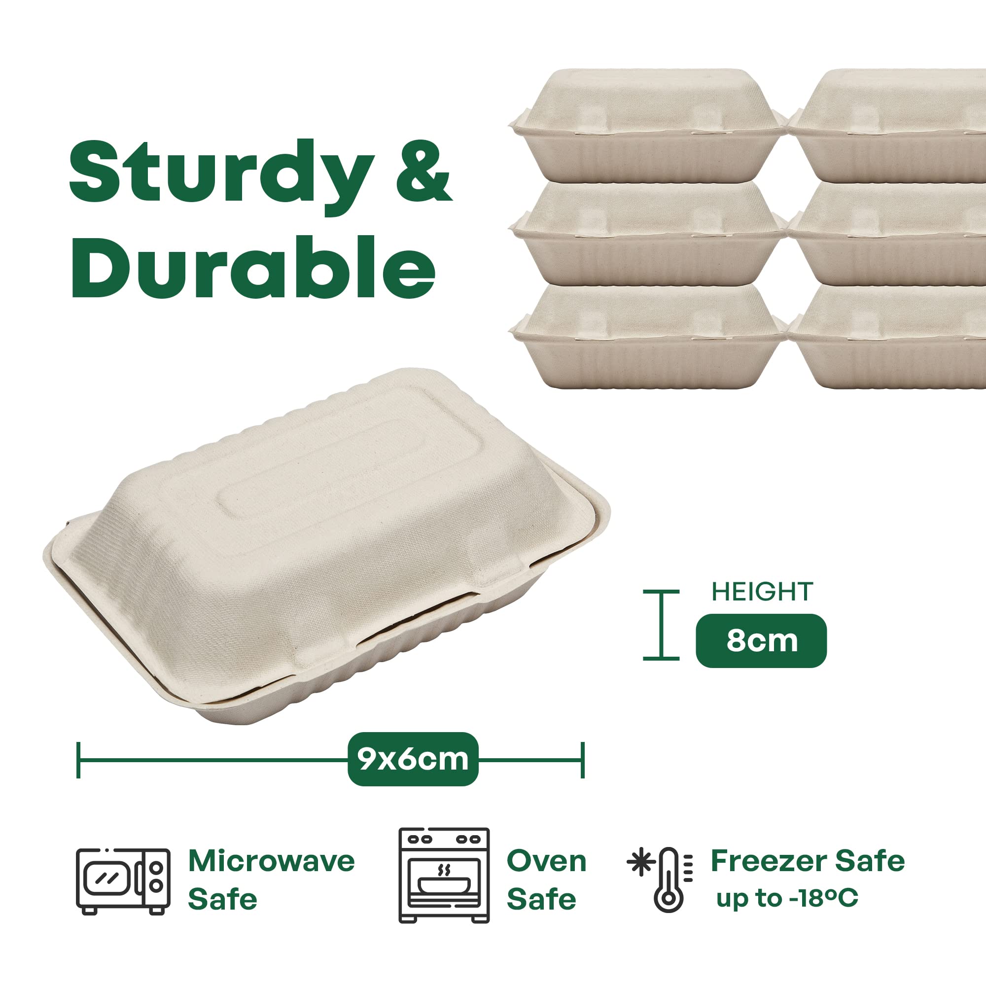 Contenitore per alimenti a conchiglia,Super forte,Bagassa di canna da zucchero non sbiancata,Componibile, biodegradabile, ecologico,scomparto singolo (125, 22.9x15.2 cm [23x16 cm ])