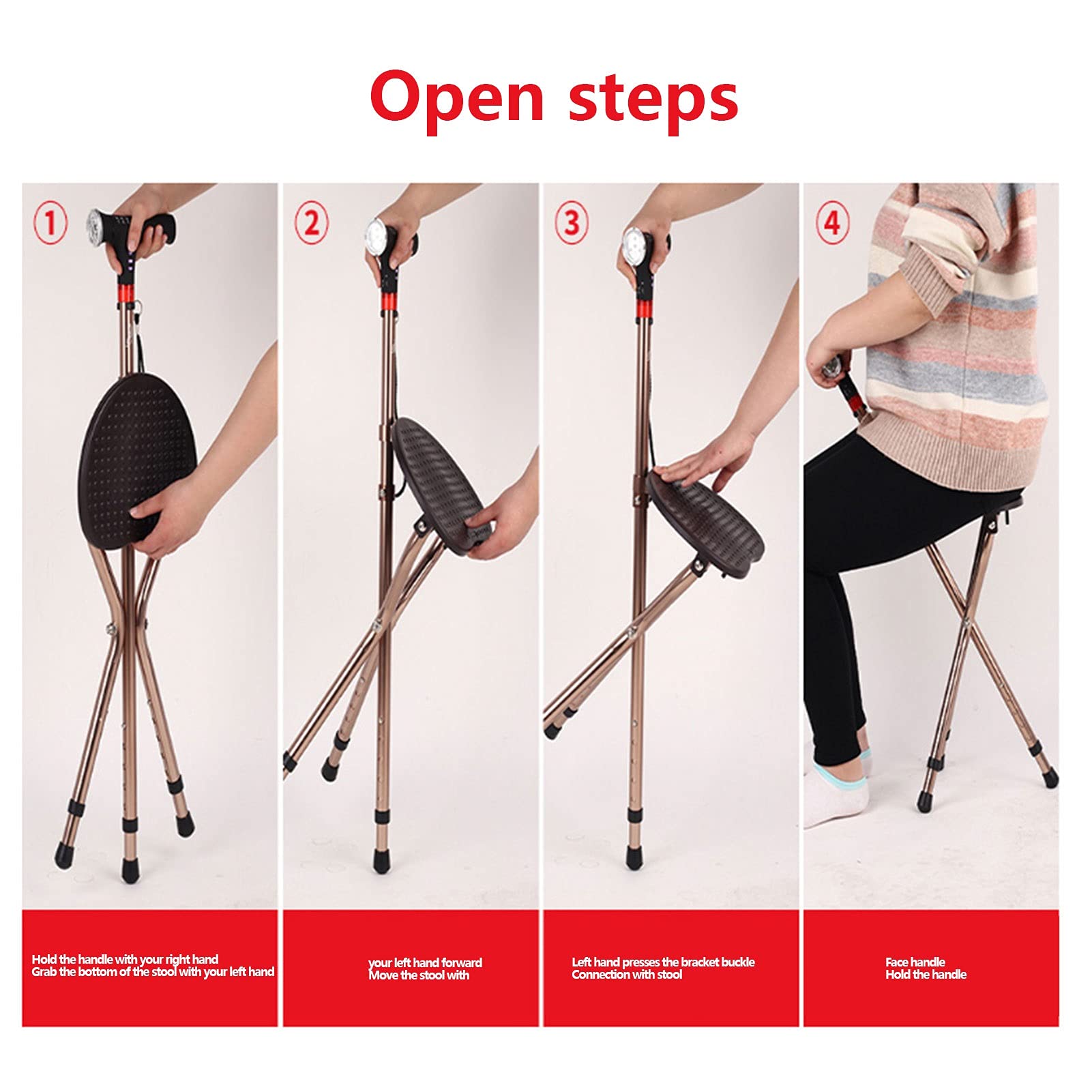 Caña de Aluminio Ajustable de Altura con Asiento, bastón multifunción Que Camina Asiento Plegable bastón, cargable, Bastones para Asas cómodas y Base Antideslizante