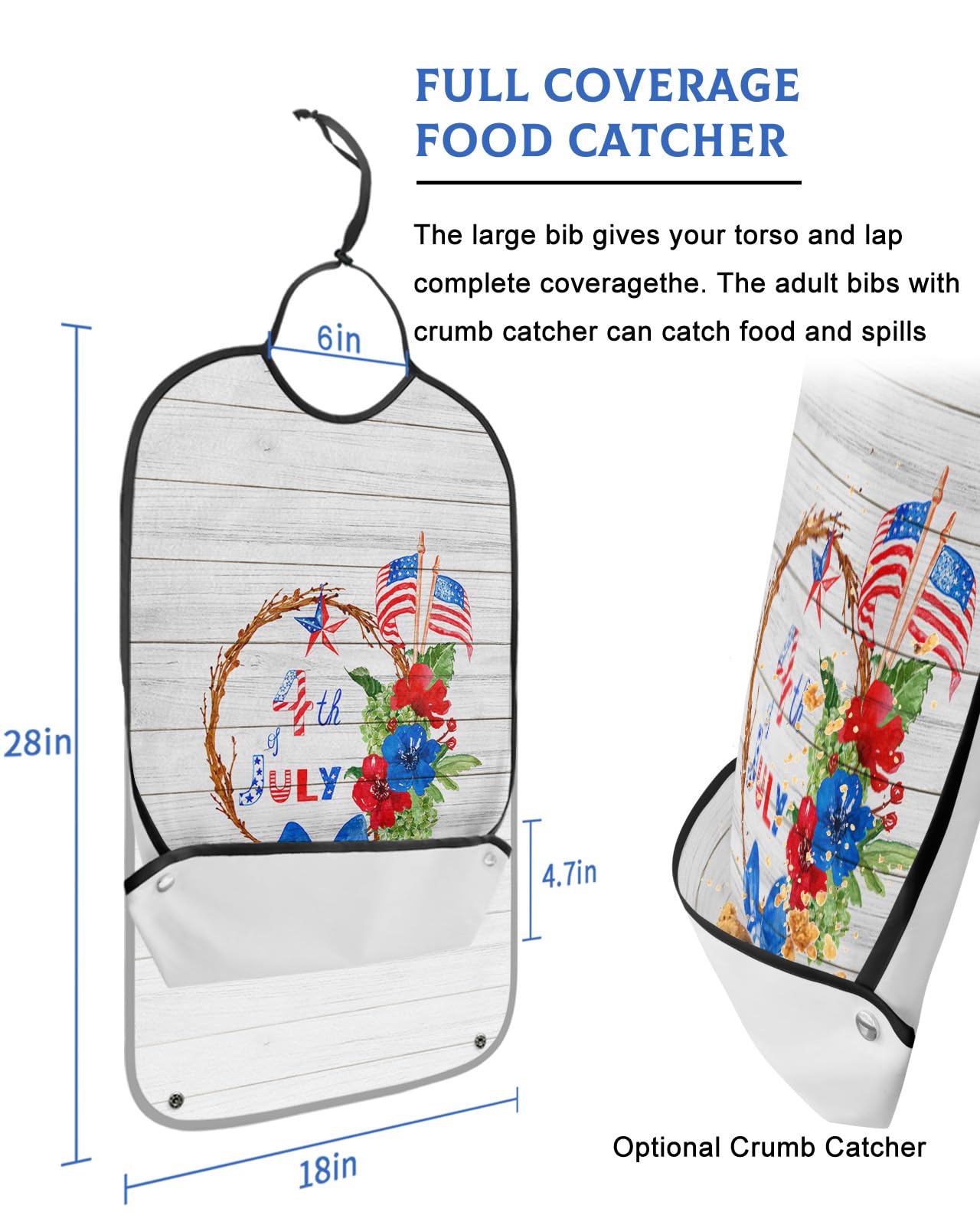 4th of July Adult Bibs for Eating, Waterproof Bibs with Food Catcher & Adjustable Snap Closure, Spring Floral Wreath Independence Day Washable Clothing Protectors Adult Bibs for Elderly Women/Men