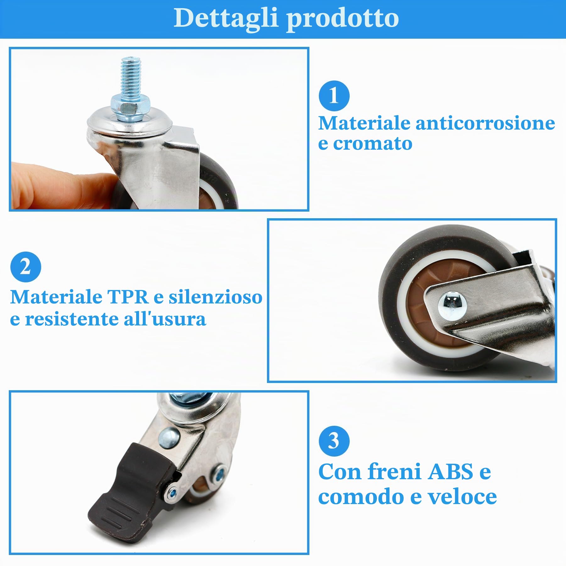 CiciIng Ruote per mobili, 4 pezzi, 1 pollice, capacità di carico 40 kg, freni e rotazione a 360°, TPR e metallo