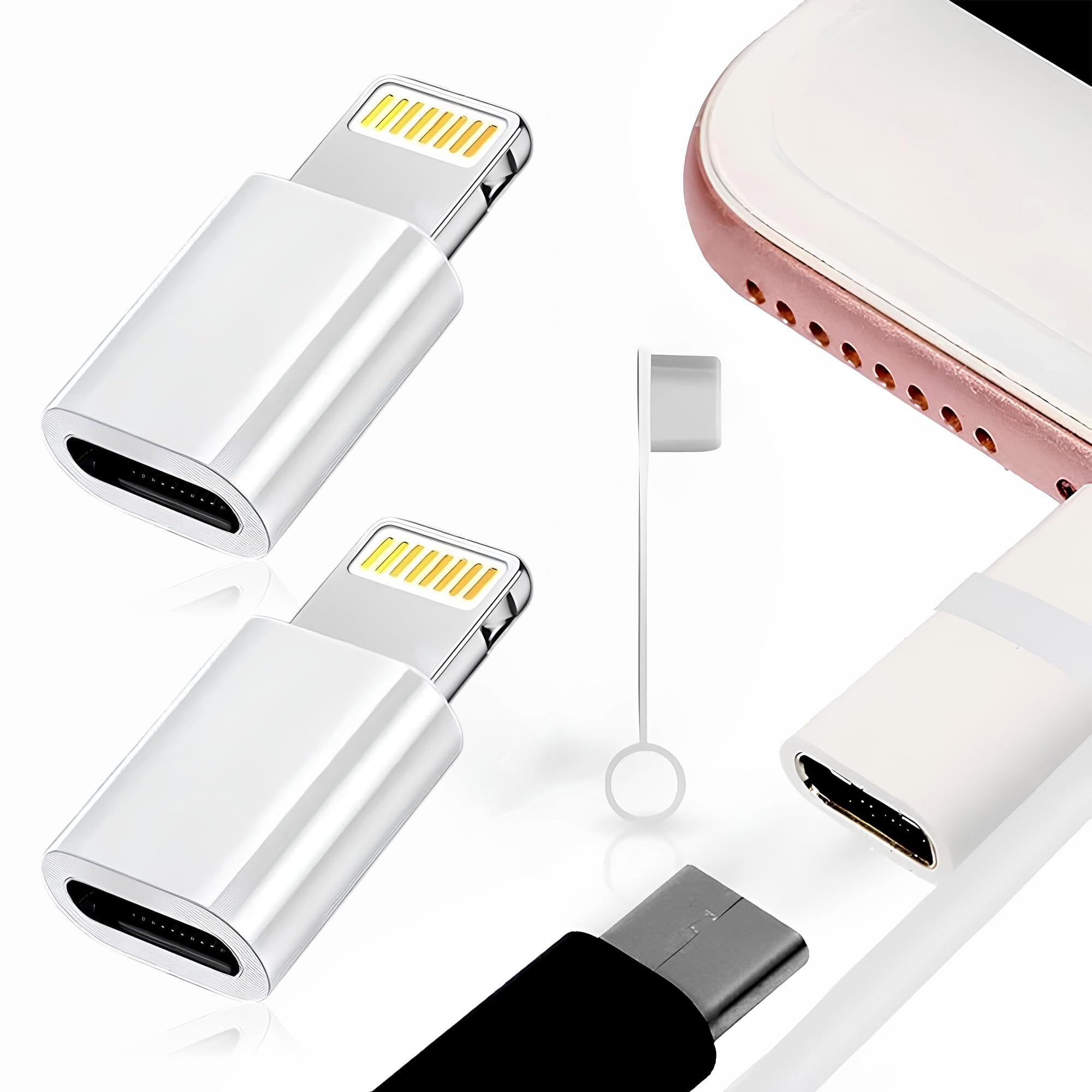 2 Pack USB C to Lightning Adapter for iPhone 16/15/14/13/12/11/X/SE, 27W Fast Charging Converter Cord for iPad, AirPods, iPod – USB C to iPhone Charger Adapter with Anti-Lost Holder