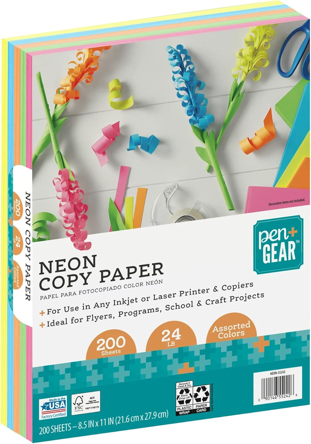 Pen+Gear 200Sheets NEON COPY PAPER ASSORTED COLORS 24LB 8