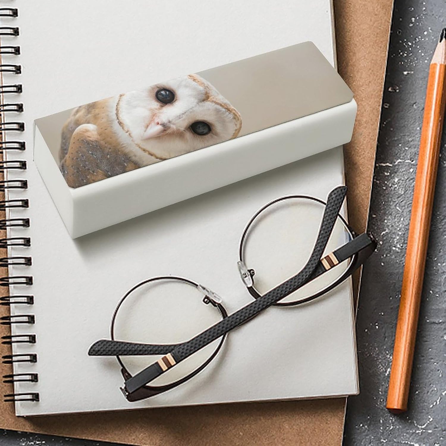 Funny Owl Eyeglass Case, Durable Convenient Spectacle Cases with Cleaning Cloth Leather Eyeglasses Storage Box for Sunglasses Man Women