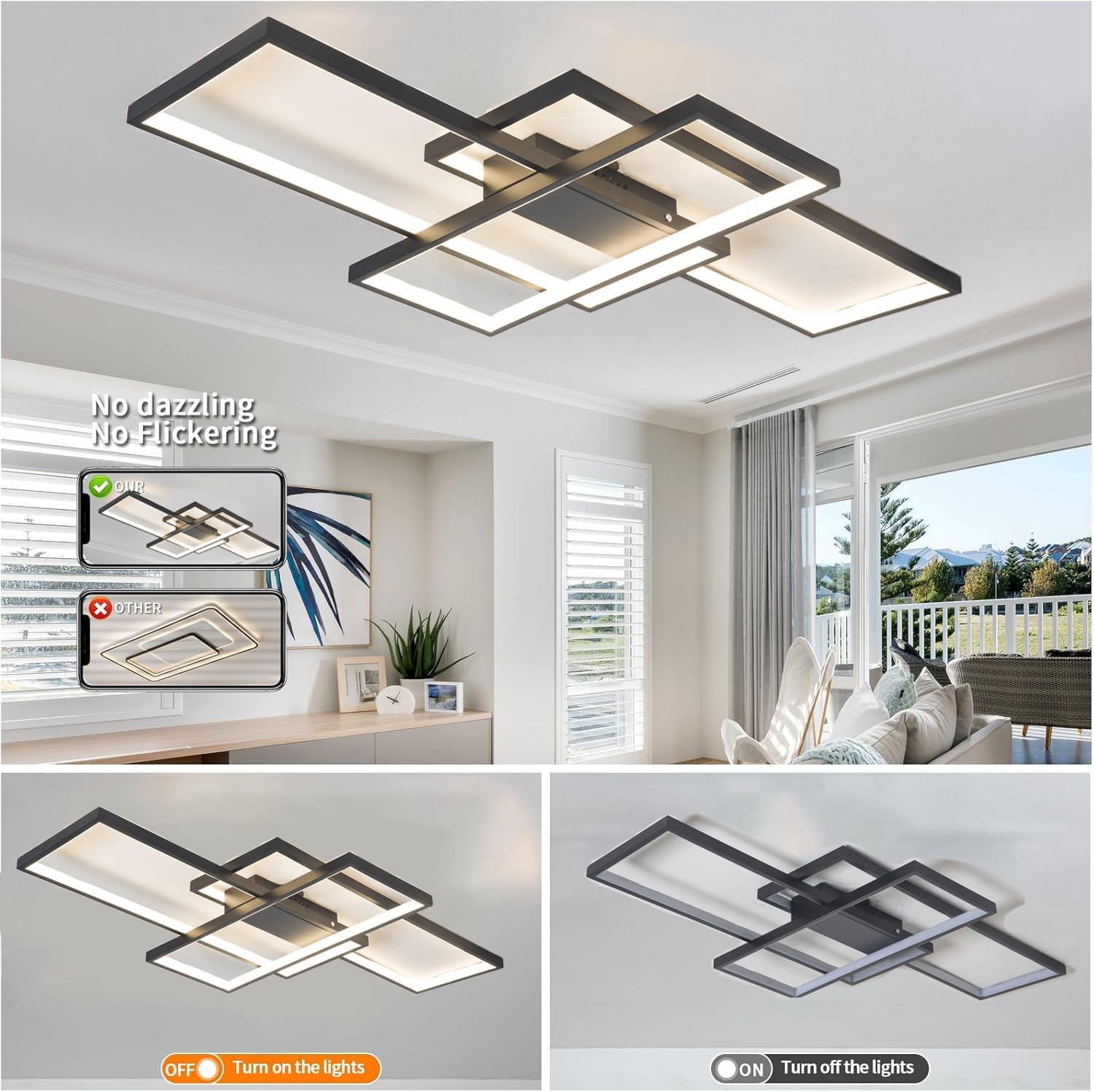 Moderne LED Deckenleuchte Dimmbar LED Deckenlampe Wohnzimmer, 2700k-7000k Wohnzimmerlampe mit Fernbedienung, Geometrisch Multifunktional Deckenbeleuchtung schwarz für Wohnzimmer, schwarz,L80cm