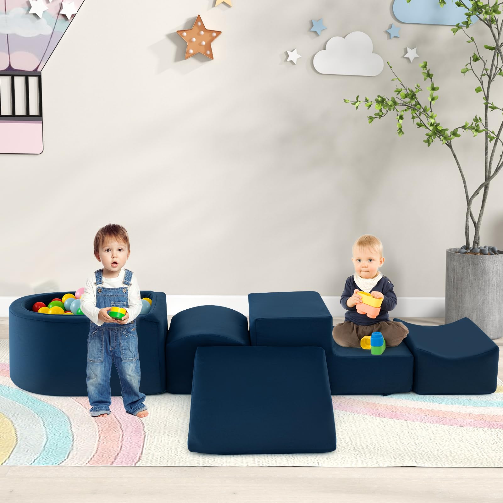 COSTWAY 5PCS Parcours Motricité Bébé en Mousse avec Piscine à Balles, Module Motricité Bébé avec Housse Lavable & Amovible, Jouets Éducatifs pour Ramper pour Enfants d'Âge Préscolaire, sans Balles
