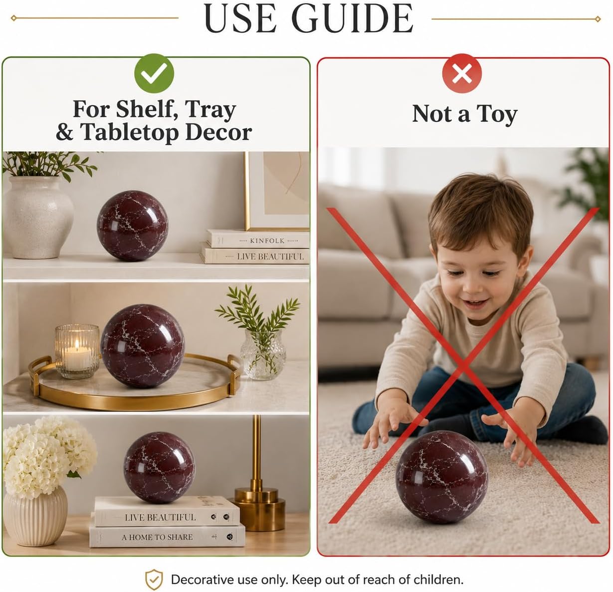 Rosa Levanto Marble Sphere, 6cm Natural Stone Orb | Small Solid Natural Stone Orb for Bookshelf, Tray Styling, Entryway Table, Bedroom and Tabletop Decor