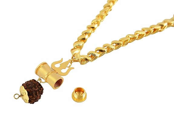 Charms Gold Plated Trishul Inspired Panch Mukhi Rudraksh Pendant with Chain for Men & Women
