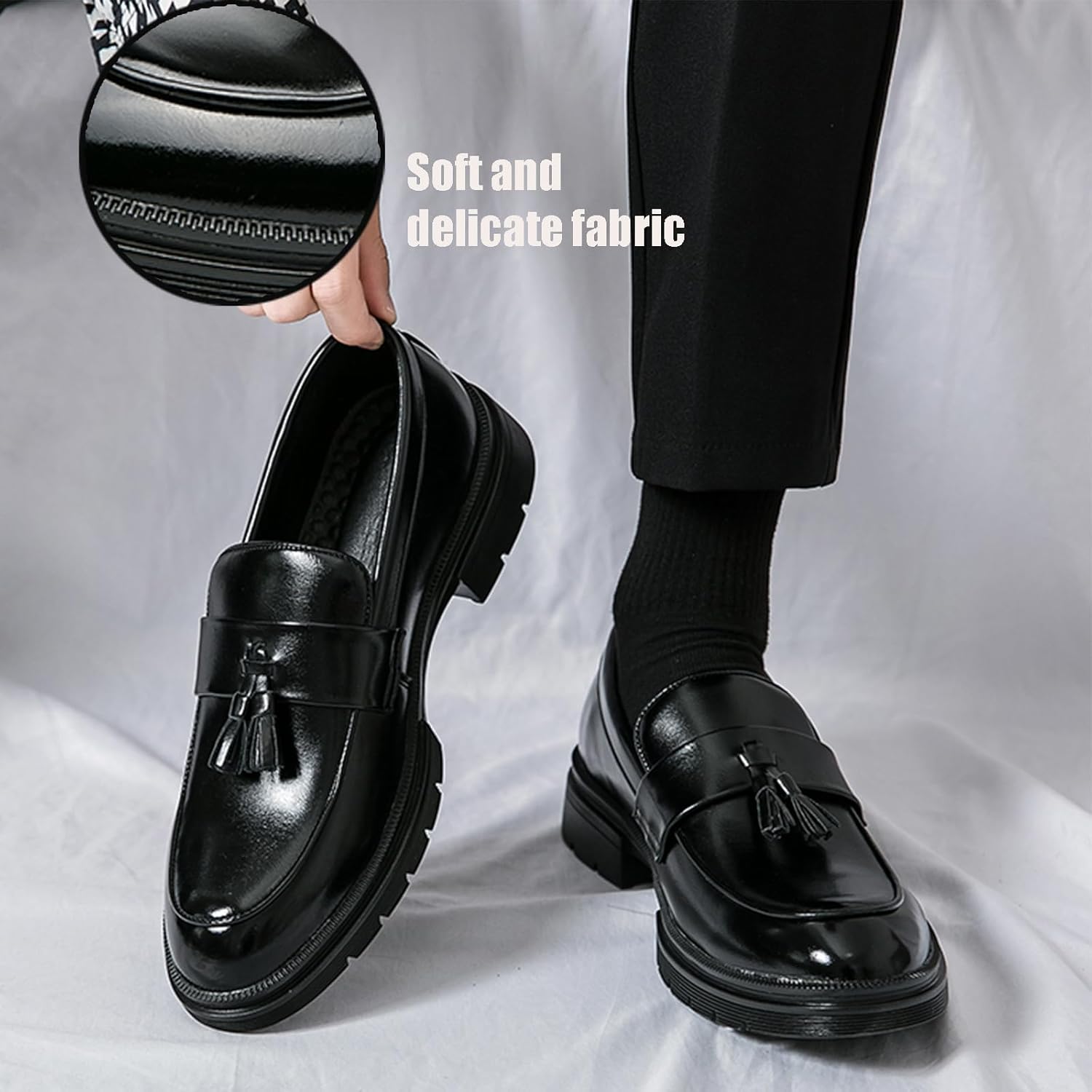 NEKGNL Men's Tassel Slip on Platform Loafers Luxury Round Toe Non-Slip Lug Sole Business Work Office Dress Shoes Summer Breathable Walking Casual Shoes