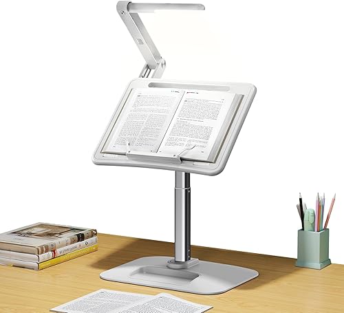Oatsbasf Soporte para libros con lámpara de lectura, soporte portátil de ajuste de altura, panel ajustable, luz nocturna LED oculta, soporte