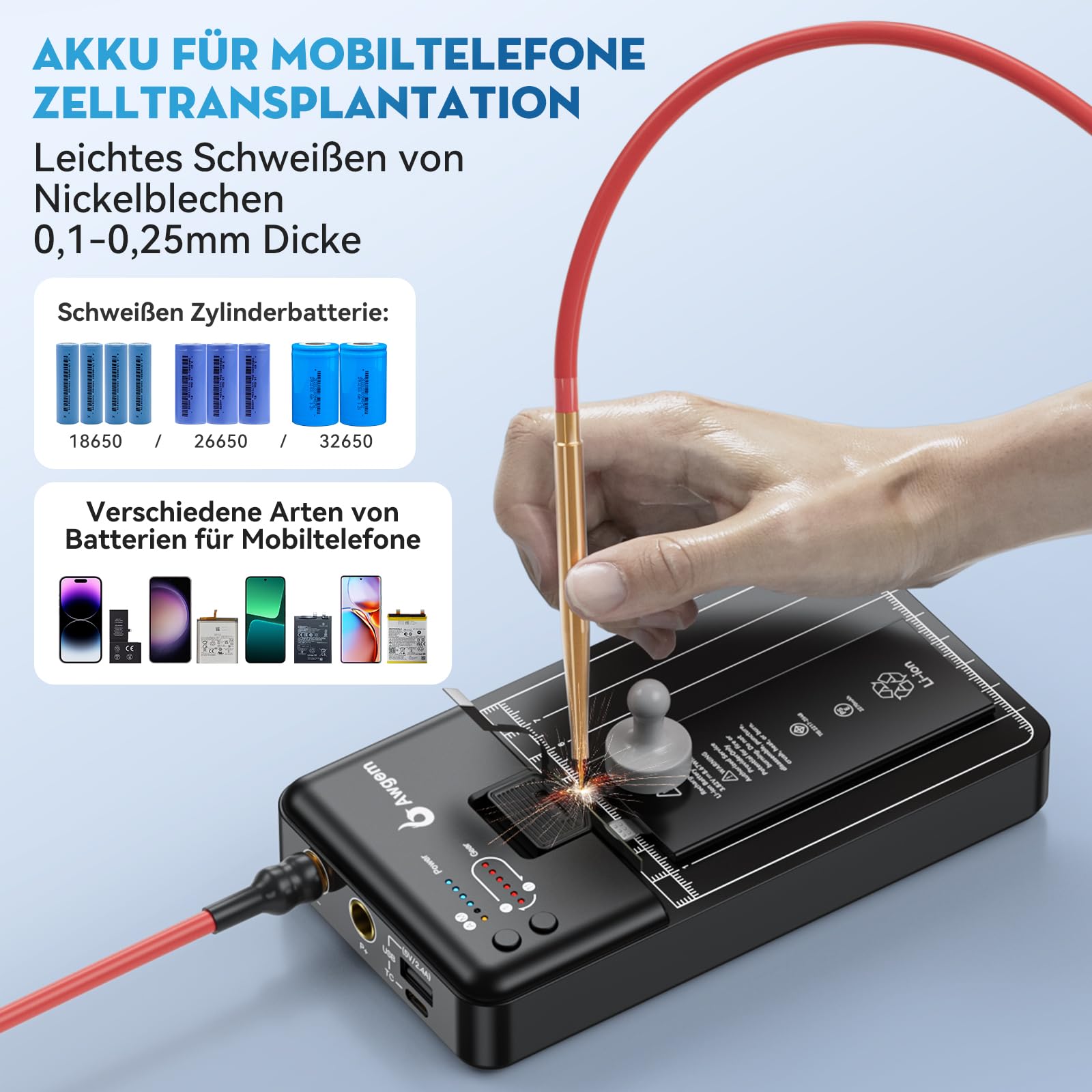 Punktschweißgerät für akku, Awgem Punktschweißgerät für Batterien, Taschengröße, 11 Stufen einstellbar, Wiederaufladbare Batterie, 2M Nickel-Chip, zum Herstellen von Batteriepaketen