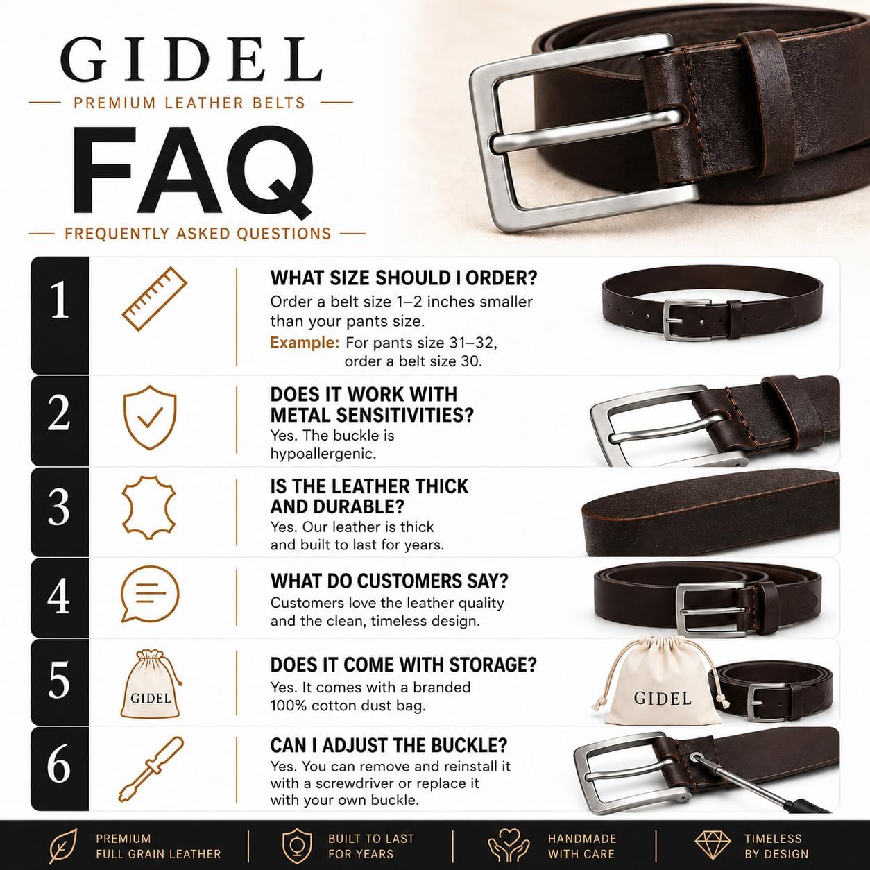GIDEL Men’s Full Grain Leather Belt – 100% One-Piece Italian Leather, 1.5” Wide for Jeans, Casual & Dress Wear, Gift Set image 5