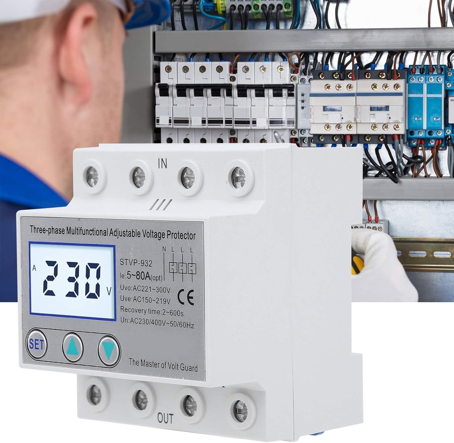 Protezione della tensione, protezione della tensione regolabile LCD trifase Multifunzione a ripristino automatico STVP-932 230 V / 400 V CA(50A)