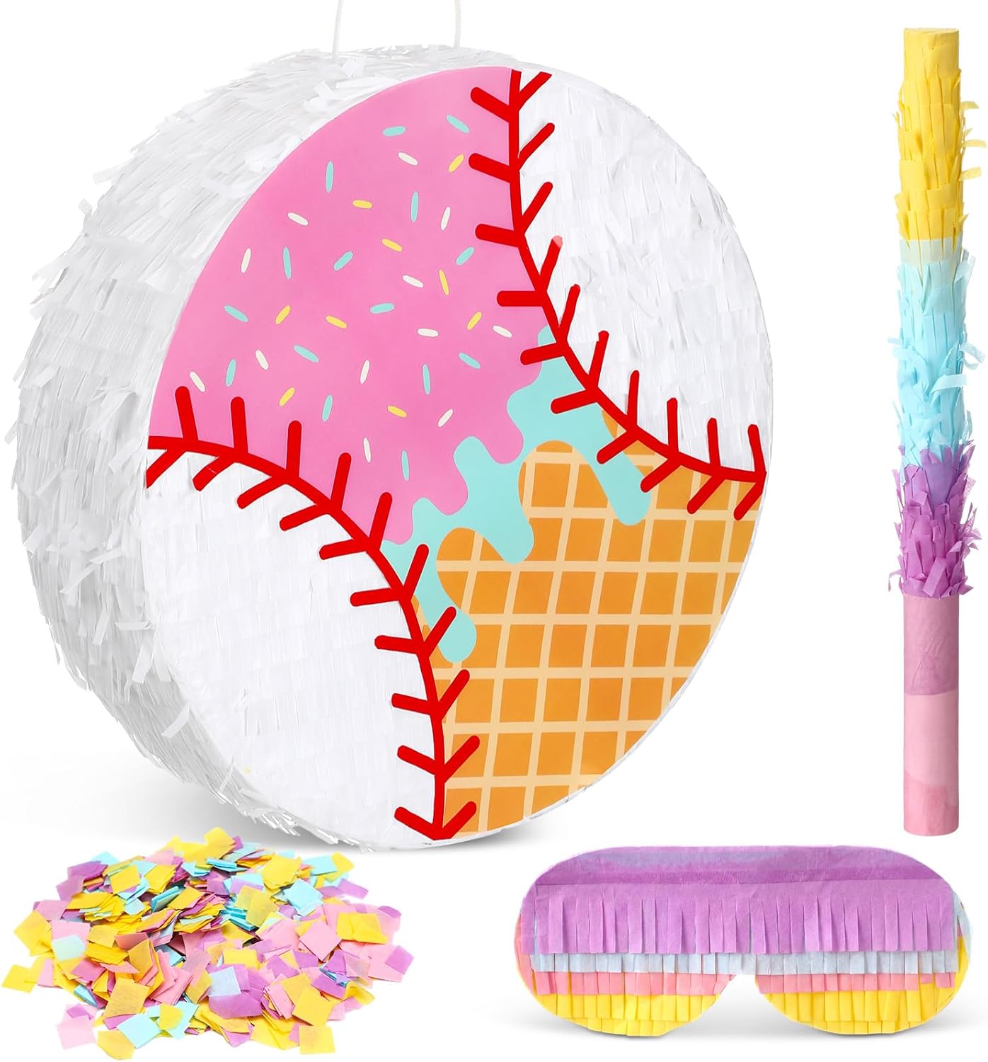 Ice Cream Drip Baseball Piñata Party Decorations 12.6 x 12.6 Inch Baseball Piñata Bundle with a Blindfold and Bat Ice Cream Drip Sport Party Decor for Birthday Family Games Supplies(Pink)