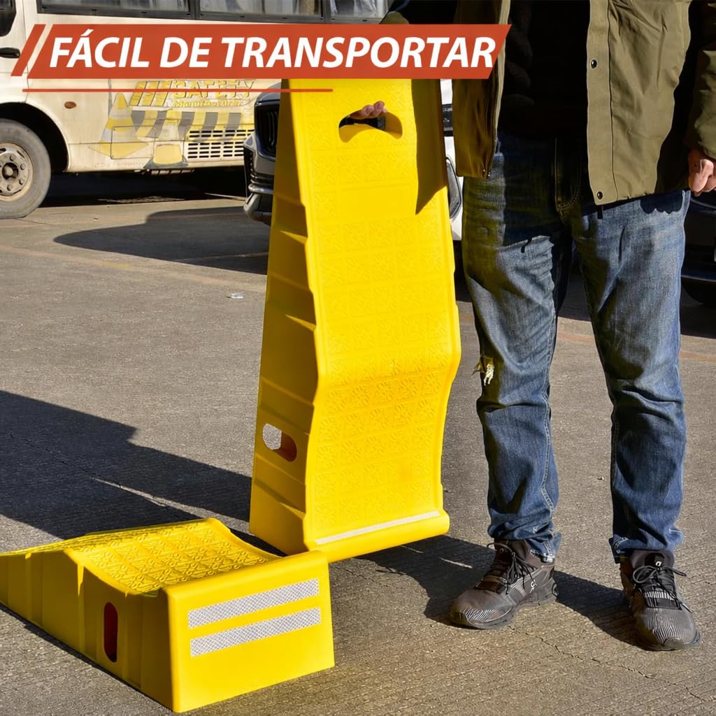 Juego de 2 Rampas de Elevación para Coche, Capacidad de 4,5 T por Pareja con Adhesivos Reflectantes Nocturnos, Amarillo