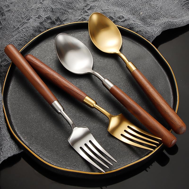 Ensemble de Couverts, 4/16/24/32 pièces, Manche en Bois, Acier Inoxydable 304, Couteau à Steak, Fourchette et cuillère, Service de Table pour Restaurant et Usage Domestique, argenté - 4 ense