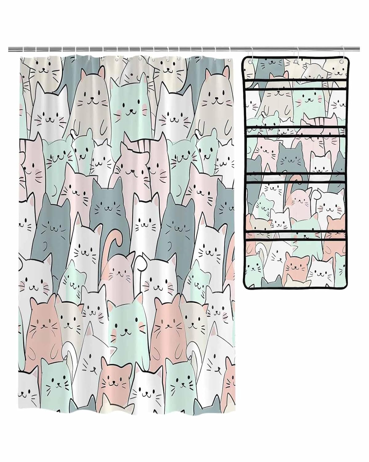 ZFUNCING Shower Curtain Mesh Shower Organizer Set Cute Pet Cat Sketch Seamless Waterproof Bath Curtains Hanging Shower Caddy