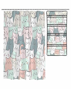 ZFUNCING Shower Curtain Mesh Shower Organizer Set Cute Pet Cat Sketch Seamless Waterproof Bath Curtains Hanging Shower Caddy