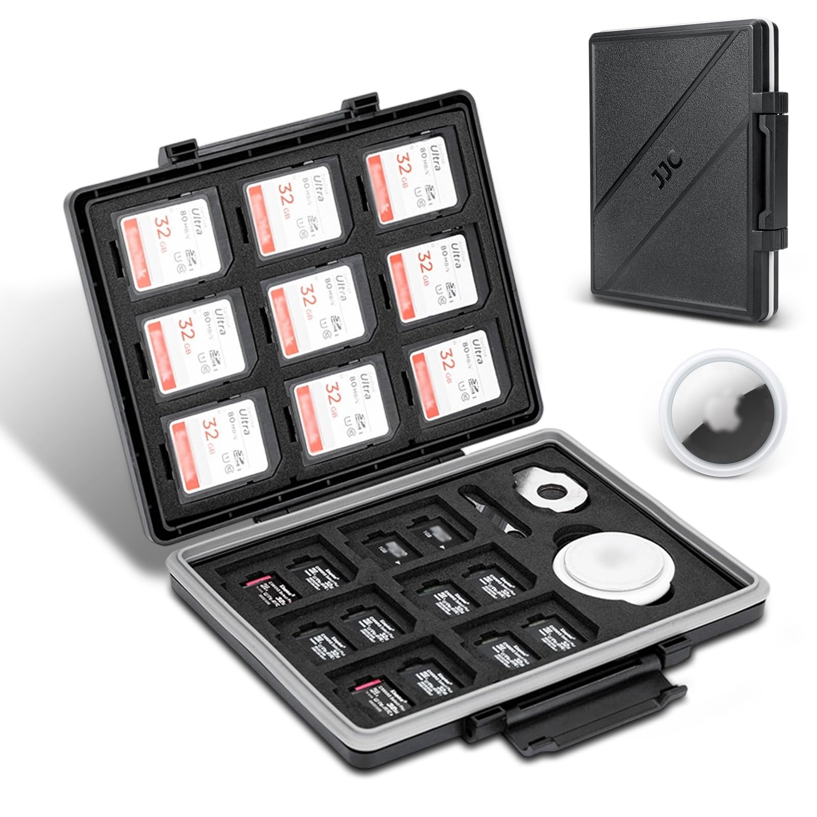 JJC 45 Slots Memory Card Case for 30 Micro SD and 15 SD Cards with AirTag Slot, Water-Resistant Anti-Shock Anti-Dust, Micro SDHC/SDXC TF Card and SD/SDHC/SDXC Holder Organizer Storage