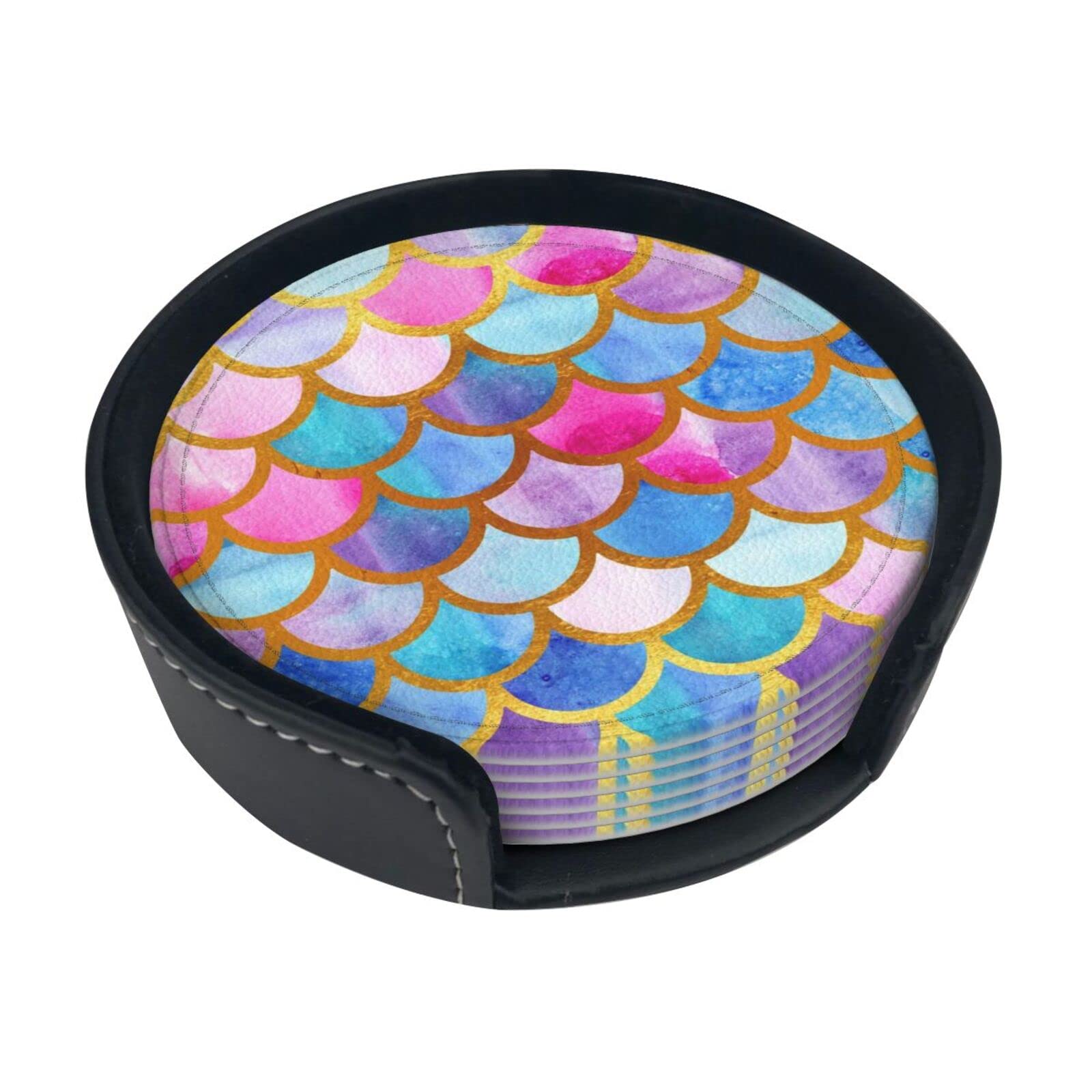 Colorful Rainbow Coasters for Drinks,Coaster for Ccoffee Table, with Storage Box Leather Round Coasters Set of 6