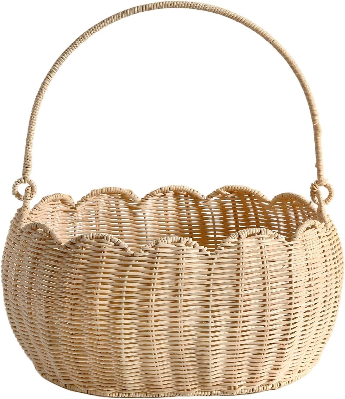 Scalloped Edge Round Basket with Handle, Super Sturdy Wicker Storage Baskets, Hand Woven Basket for Shelves,Natural Baskets for Organizing (White Rattan 12.6"*9"*6.1")