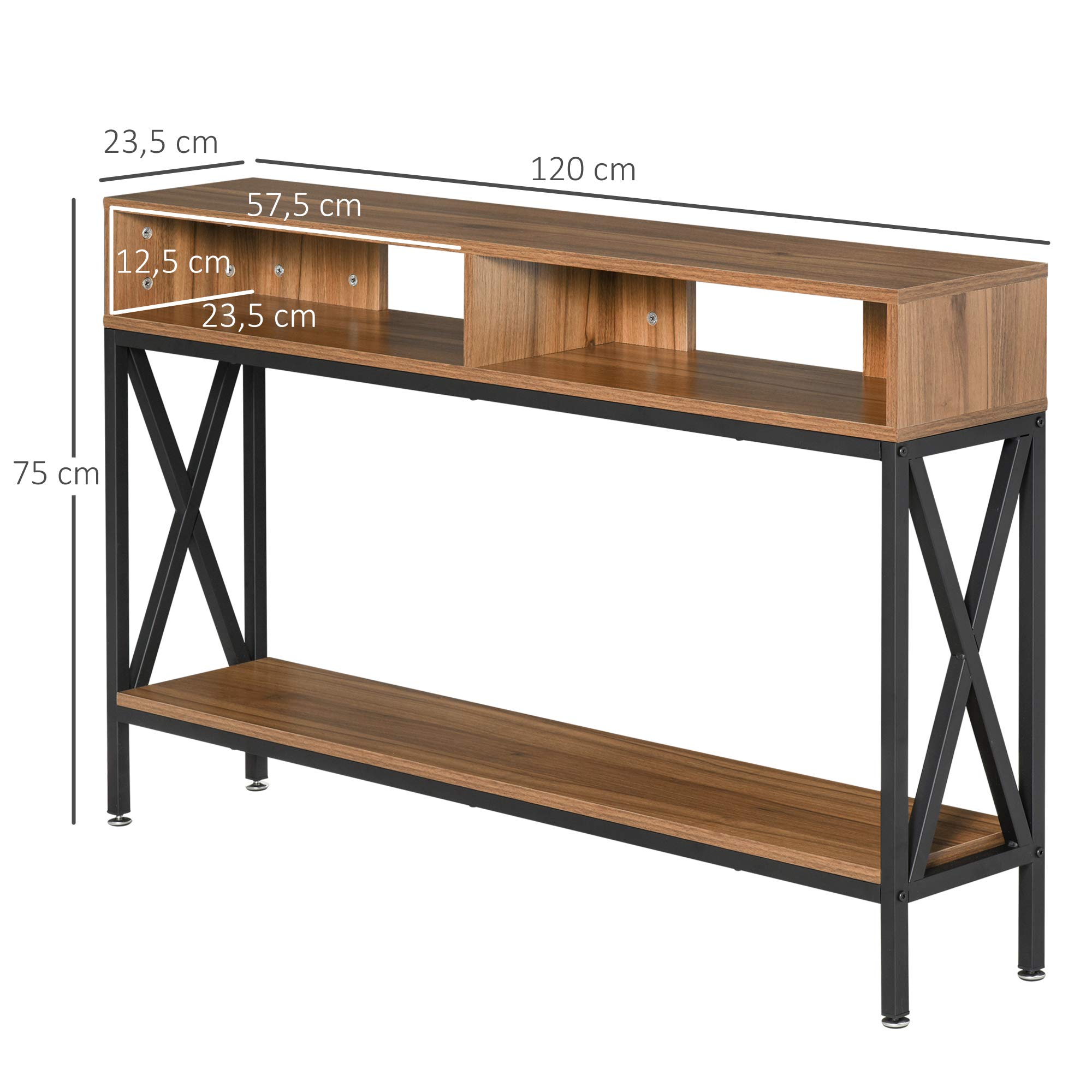 HOMCOM Table Console Table d'Entrée Industriel 120x23,5x75 cm Bois Noyer | Multi-rangements