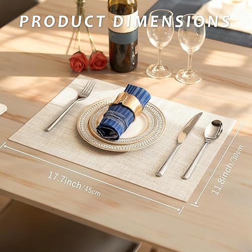 Miniatura 3 de Pinkpum Juego de 4 manteles individuales a rayas beige, resistentes al calor, antideslizantes, para mesa de comedor, lavables, duraderos, tejido de