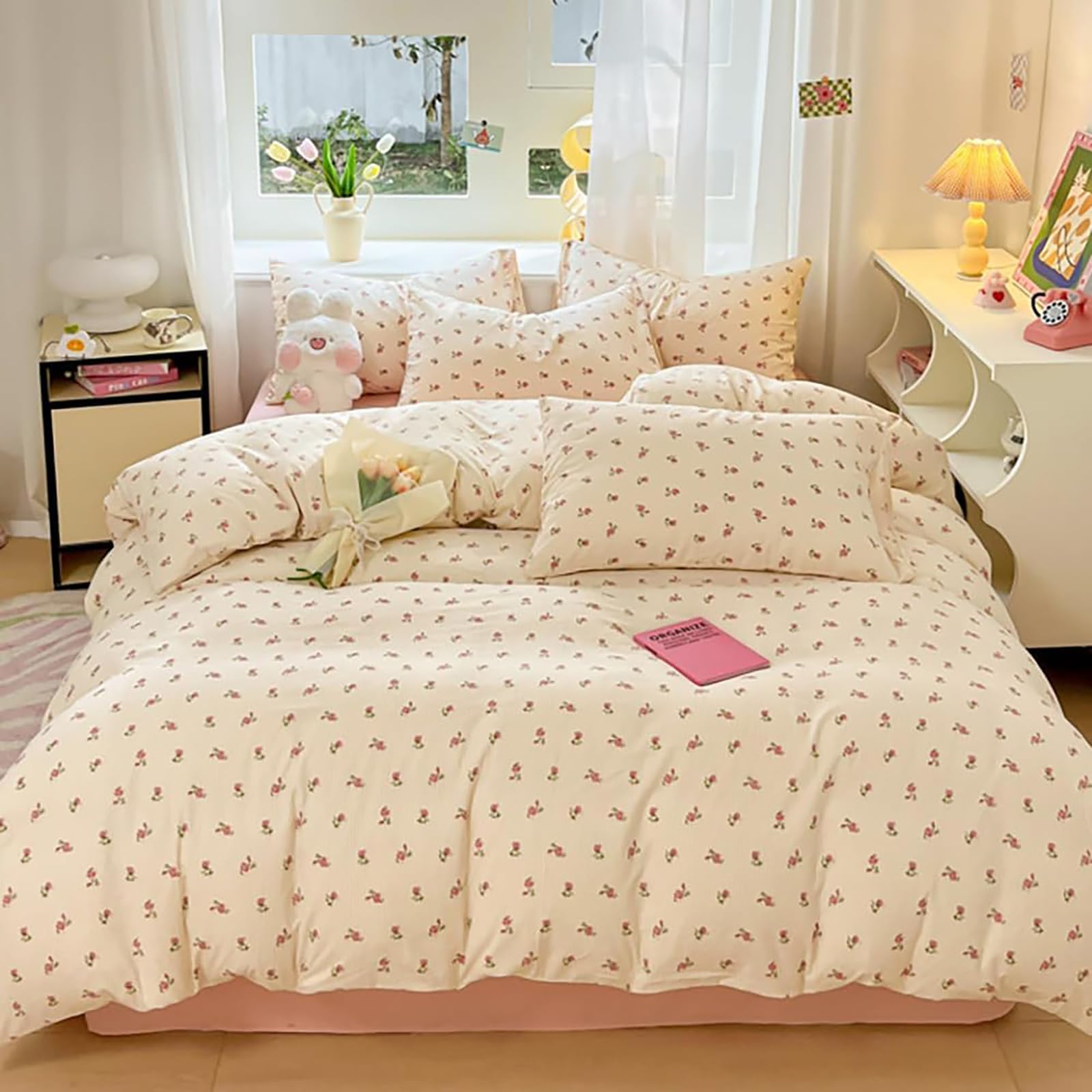 Tabeskly Girls Reversible Floral Flower Bedding king size Double Duvet Cover Sets Bed Zipper Red Yellow 220×240cm