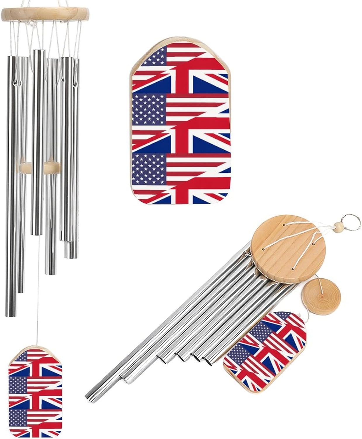 U.S. UK Flag Memorial Wind Chimes with 6 Aluminum Tubes for Outside Deep Tone Garden Hanging Decor