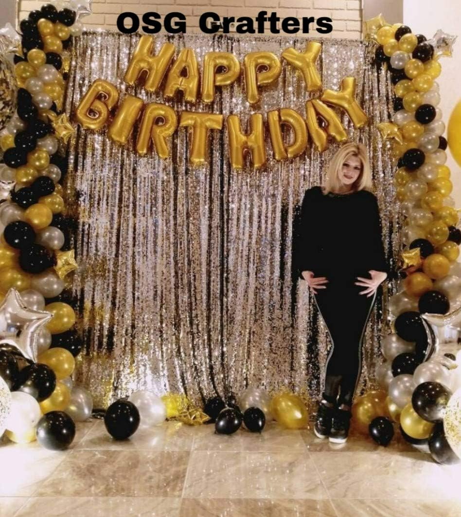 Happy Birthday Letter Foil Balloon Set of Gold + 2 Pieces Silver Fringe Curtain (3 X 6 Feet) + Pack of 30 Pieces Metallic Balloons (Black, Gold and Silver)