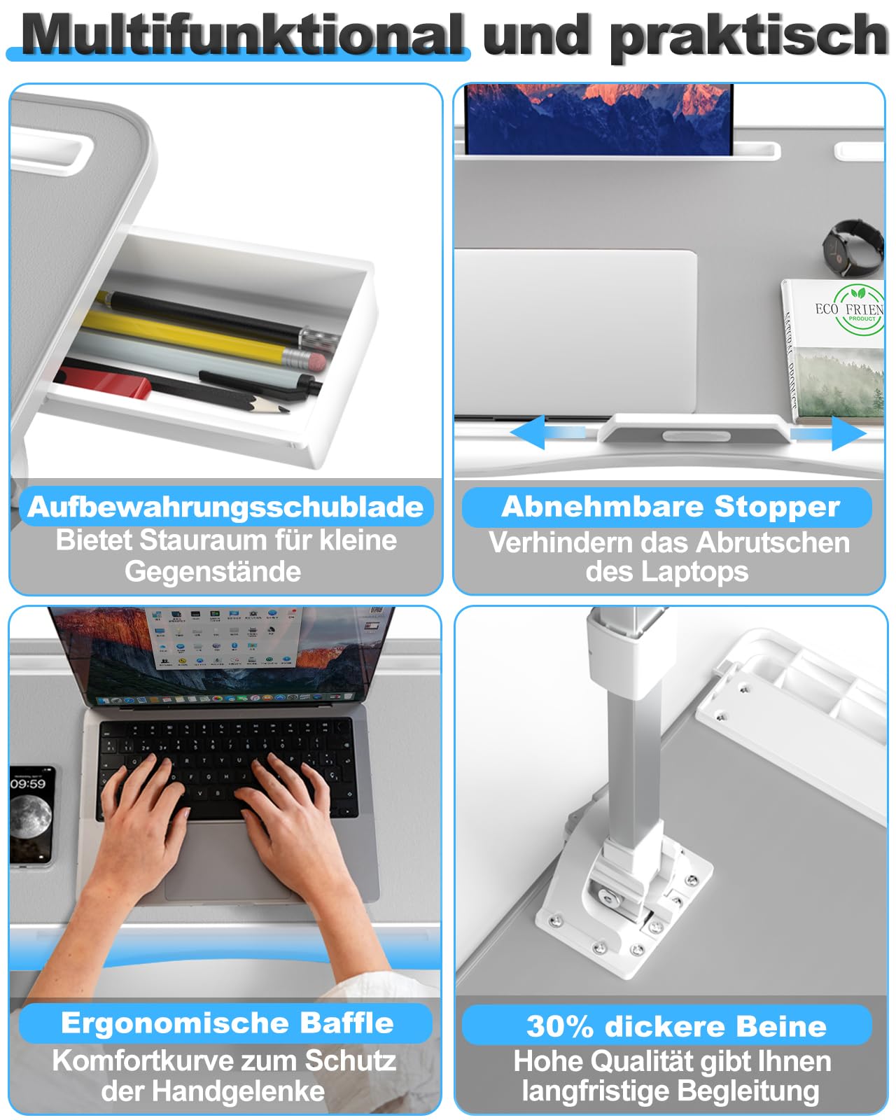 Laptoptisch, Potuopy Leder verstellbare Höhe Winkel faltbar Betttisch, X-Large Laptop Tisch für Sofa mit Eco Holzbrett für die Arbeit Lesen Essen auf dem Bett Sofa Boden (grau, 60 * 40cm)