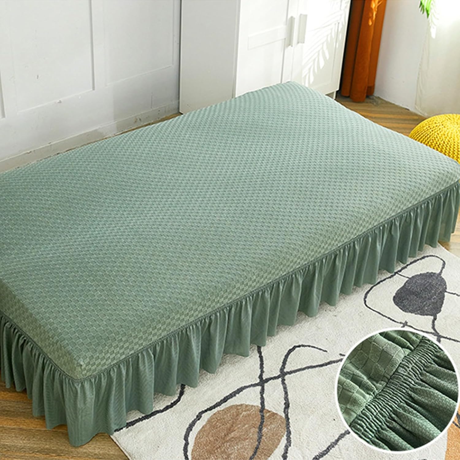 Armless Sofa Cover with Skirt Stretch Futon Covers Full Size with Elastic Bottom Folding Sofa Bed Slipcover Protector for Living Room Green