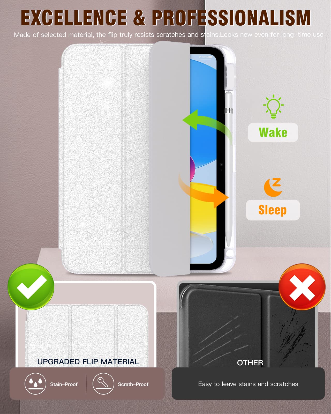 TiMOVO Cover per iPad A16 11 Generazione 11 Pollici 2025, iPad 10 Generazione 2022 10,9 Pollici con Portapenne, Custodia con Trasparente, Funzione di Auto Sveglia/Sonno, Glitter Bianco