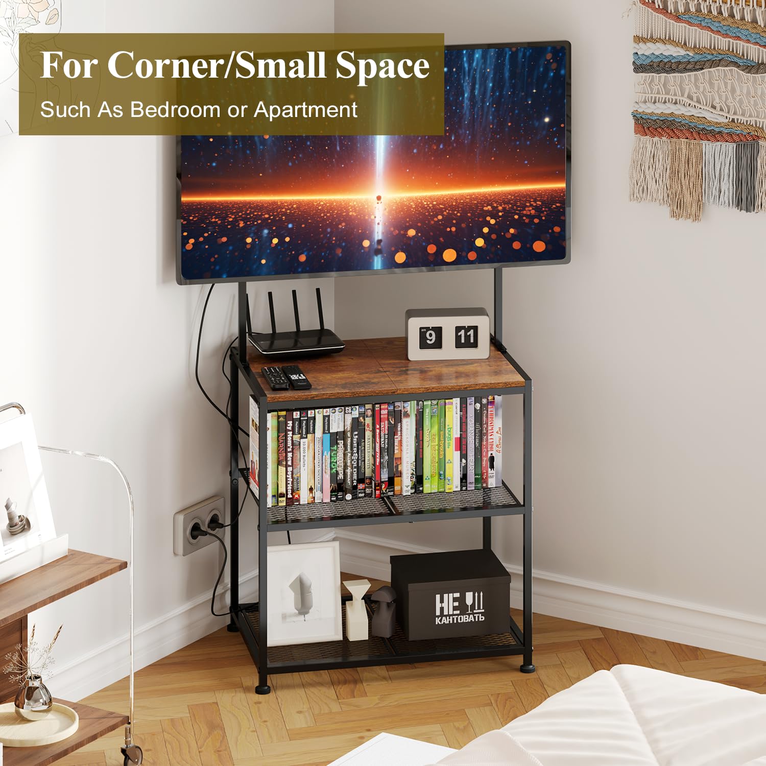23 Inch to 50 Inch Floor Small Corner TV Stand with Storage Shelves for Living Room Bedroom, Universal Floor Television Stands with Mount, Brown TV Table Desk Shelf for Small Spaces,Patent Pending