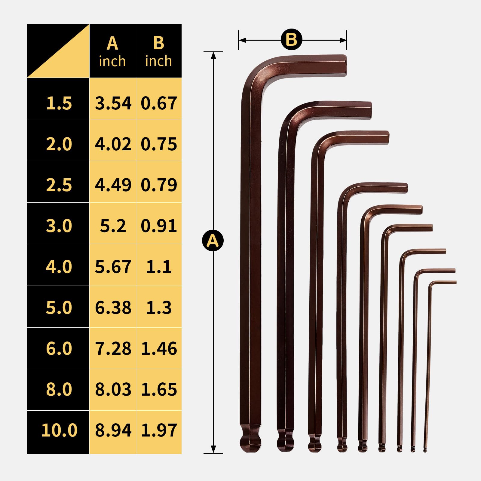 Set di chiavi a brugola, 9 pezzi, chiavi esagonali metriche, 1,5 mm-10 mm, acciaio legato S2, finitura bronzo, braccio extra lungo, chiave più lunga 23 cm, per biciclette e riparazioni