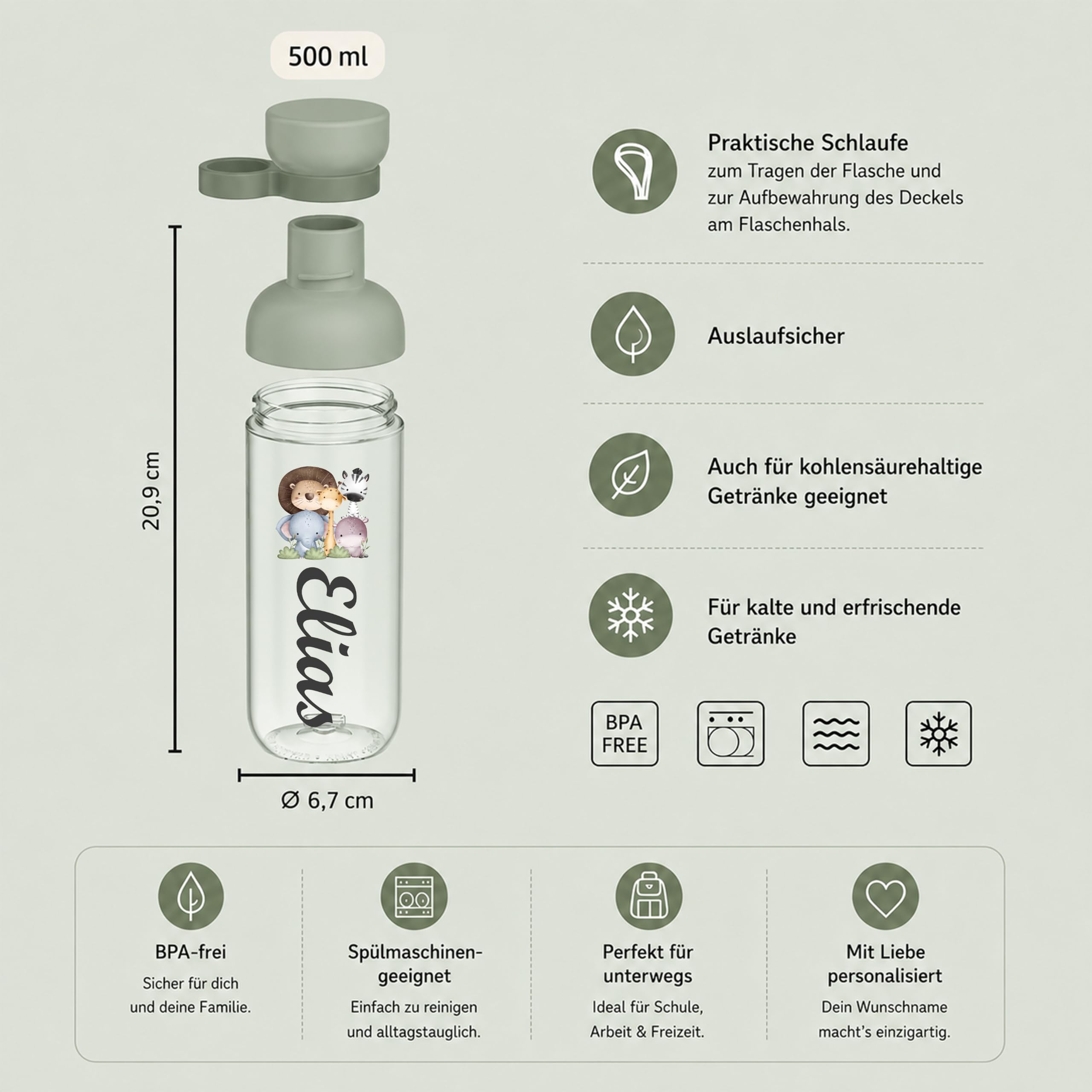 Mepal Personalisierte Brotdose Trinkflasche | Safari Tiere Löwe Elefant