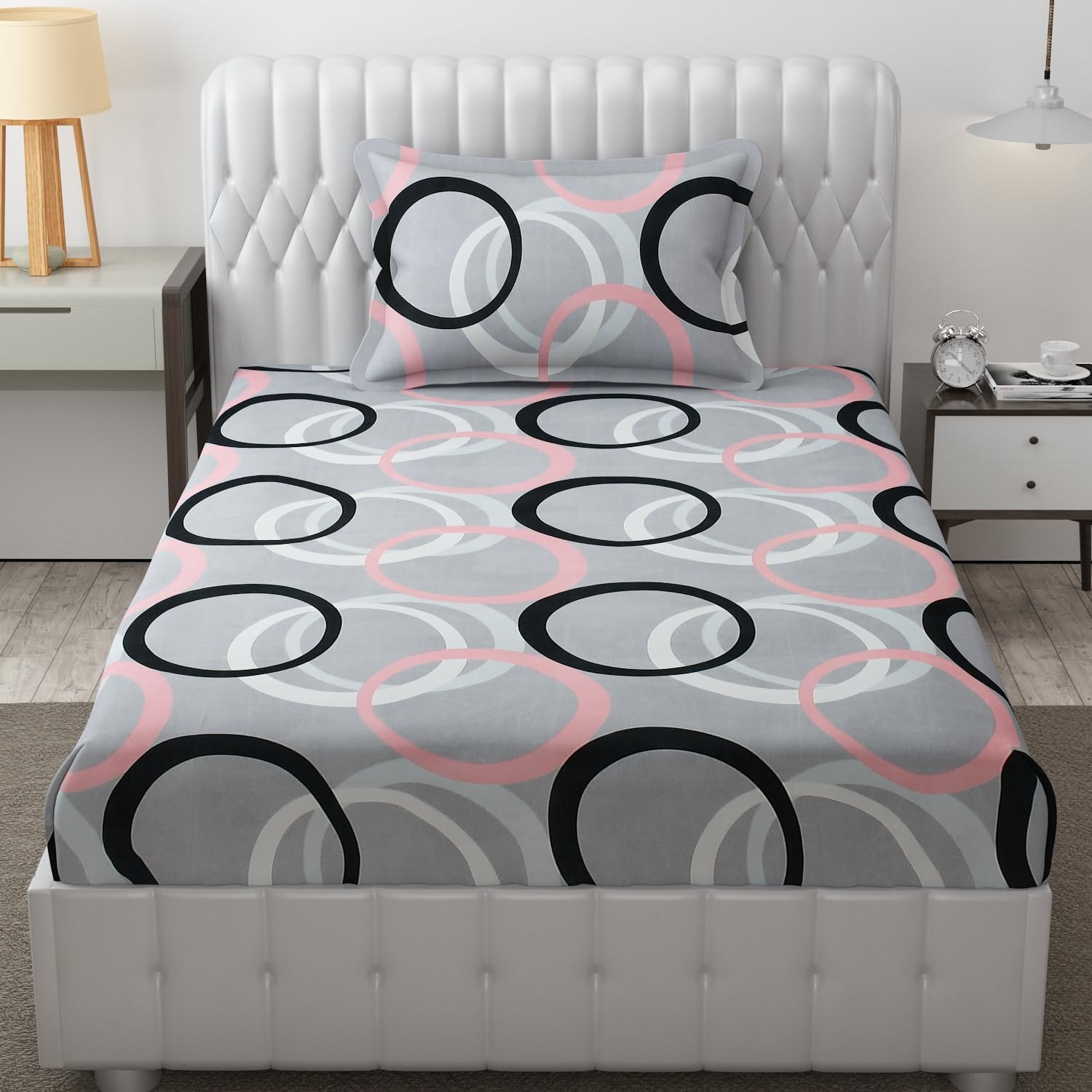 FRESH FROM LOOM Wrinkle Free Hypo-Allergenic Microfiber Single Bedsheet for Single Bed | Floral Design Bed Spread with 1 Pillow Covers (60x90 Inches | Circle Grey |Double Bed Sheet), 144 TC