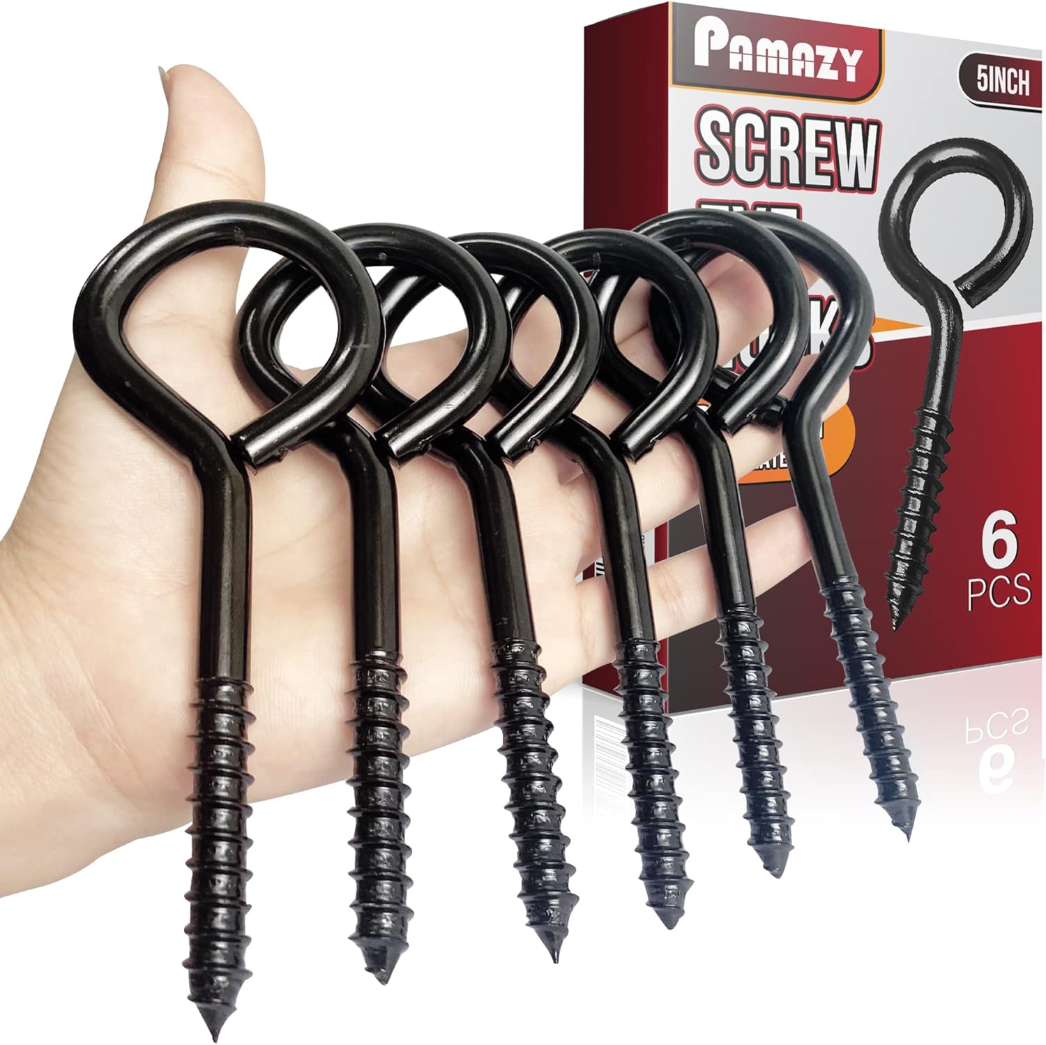 PAMAZY 5Inch Heavy Duty Black Screw Eyes Hook, 6PCS Self