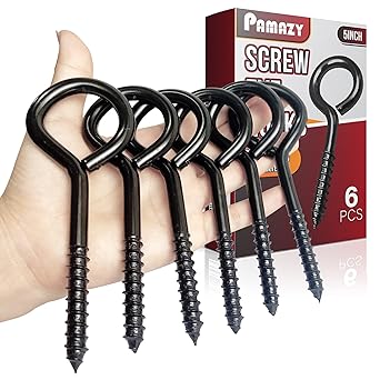5Inch Premium Stainless Steel Black Screw Eyes Hook, 6PCS Self Tapping Eyelet Screw Eye Bolts, Screw in Eye Hooks for Wood Securing Cables Wire, Hammock Stand, Indoor & Outdoor Use (6PCS)