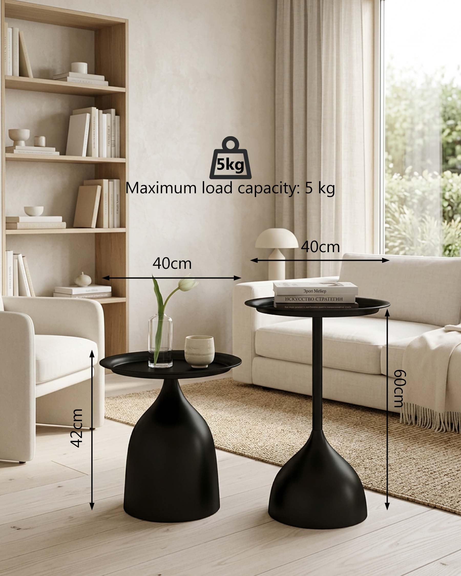 Lot de 2 Table d'Appoint Noire en Métal, Bout de Canapé Design Rond, Petite Table Basse Salon ou Extérieur, Guéridon Moderne pour Espace Réduit, Hauteur 42/60cm
